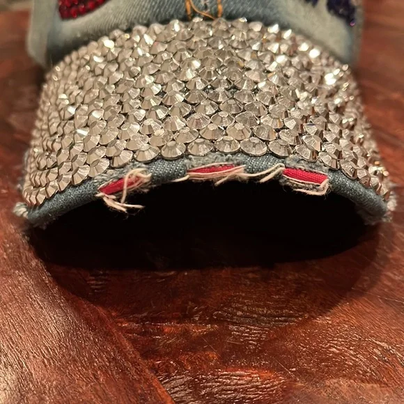 USA Ball Cap Hat stone flash bling Denim sequence Adult one size strap back vntg - Picture 3 of 12